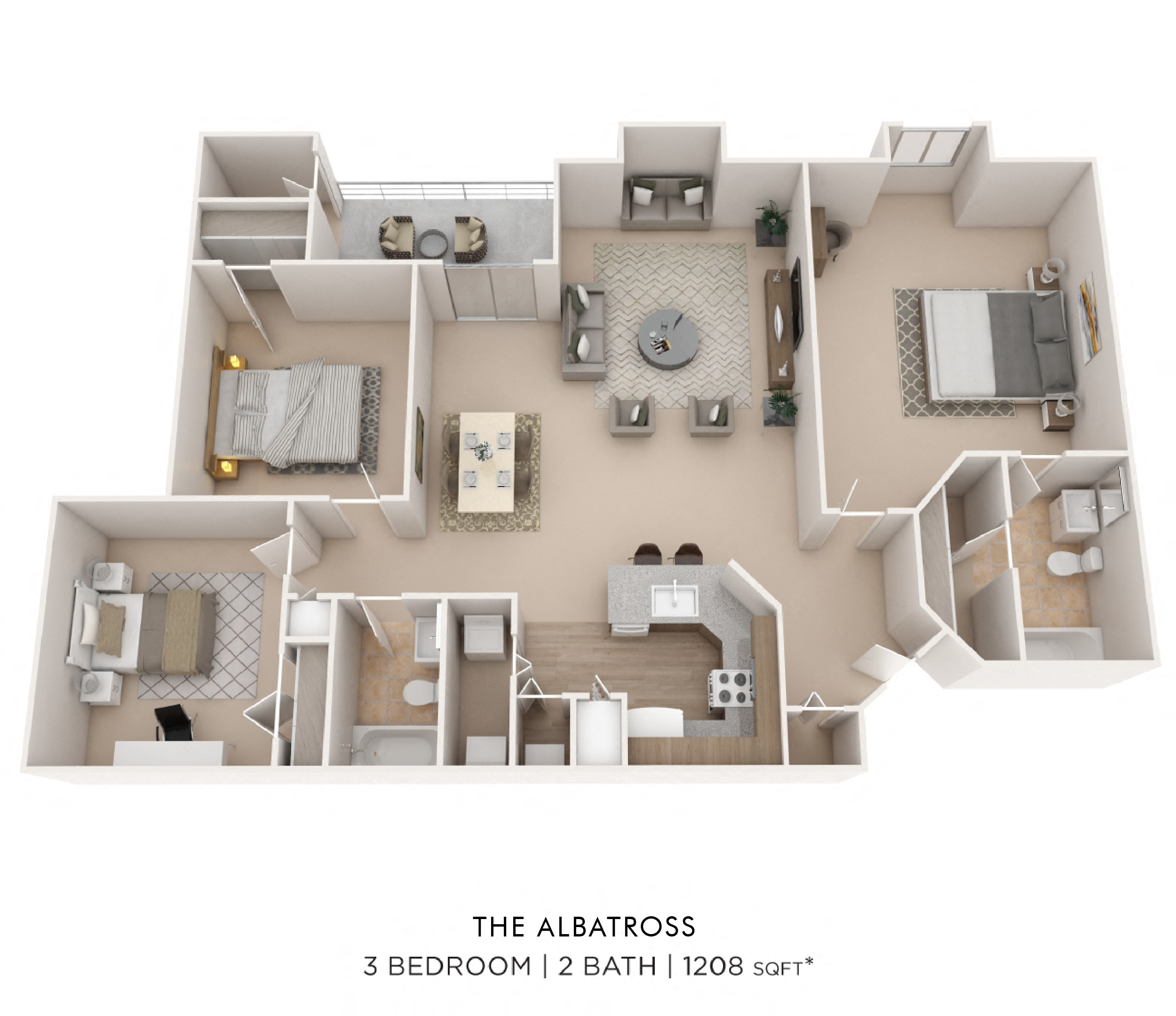 Floor plan for 3 beds, 2 baths, 1208 sqft